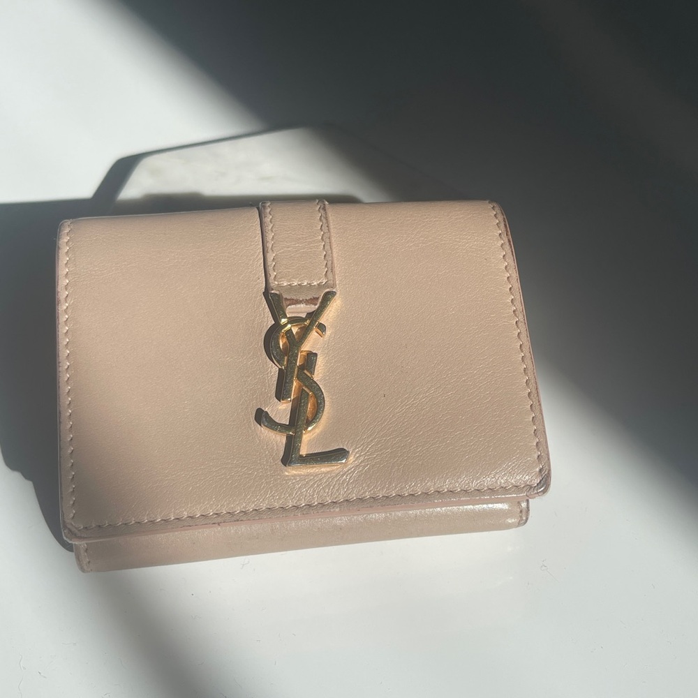 YSL Beige Leather Compact Wallet with Gold Logo - Picture 2 of 14
